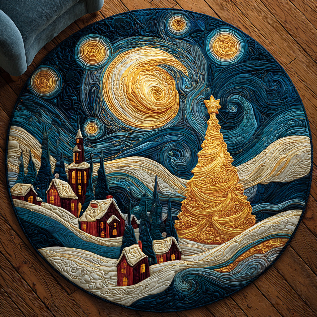 Starry Night Village Night Quilted Round Mat Winter Home Decor Christmas Gifts For Art Lovers