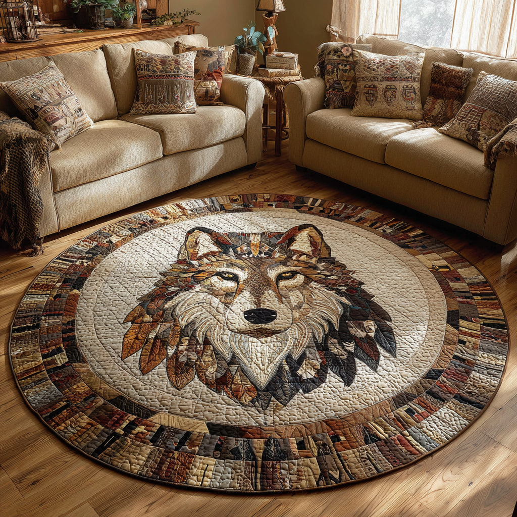 Tribal Wolf Quilted Round Mat Animal Themed Boho Home Decor Wolf Lover Gifts
