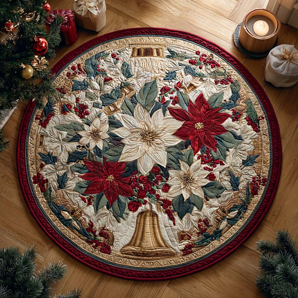 Poinsettia Bell Crown Quilted Round Mat Winter Decor Christmas Gifts Idea For Lovers