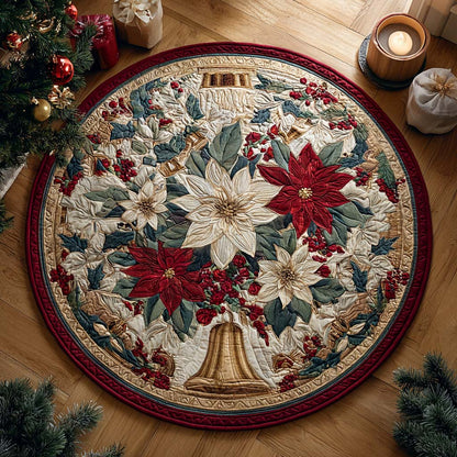 Poinsettia Bell Crown Quilted Round Mat Winter Decor Christmas Gifts Idea For Lovers