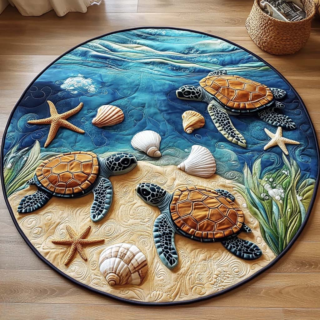 Turtle Coral Garden Quilted Round Mat Animal Themed Natural Home Decor Turtle Lover Gifts