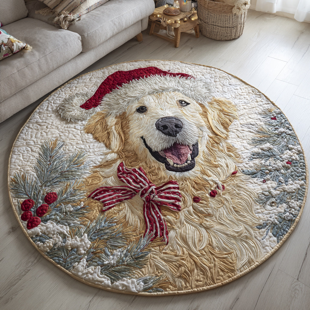 Santa Golden Retriever Quilted Round Mat Christmas Themed Season Home Decor Dog Lover Xmas Gift