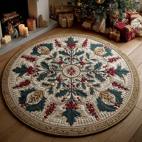 Winter Berry Crest Quilted Round Mat Winter Themed Xmas Home Decor Good Christmas Gifts
