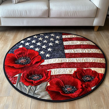 Red Poppies American Flag Quilted Round Mat Best Selling Home Decor Gifts For Patriots