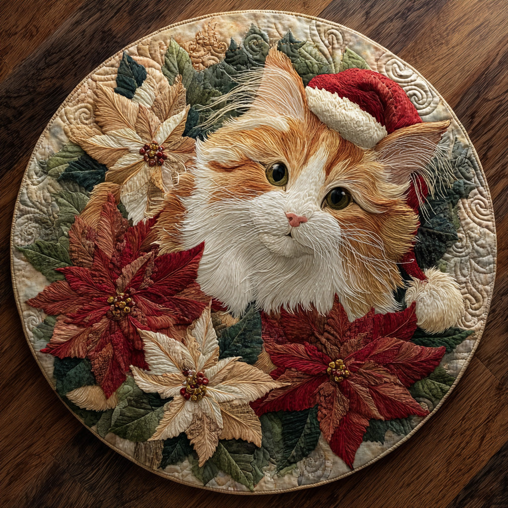 Santa Paws Magic Quilted Round Mat Animal Design Christmas Home Decor Cat Gifts For Xmas