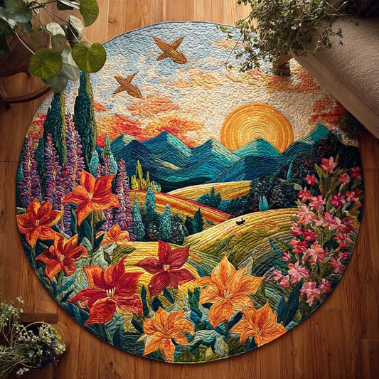 Mountain And Floral Landscape Quilted Round Mat Vintage Home Decor Gift For Housewarming