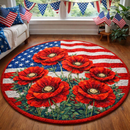 Red Poppy America 250 Years Quilted Round Mat July 4 Decorations Independence Day Gift