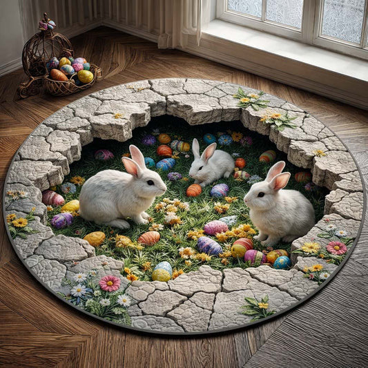 Easter Bunny Family Basket Quilt Round Mat Cute Indoor Decor Gifts For Rabbit Lovers