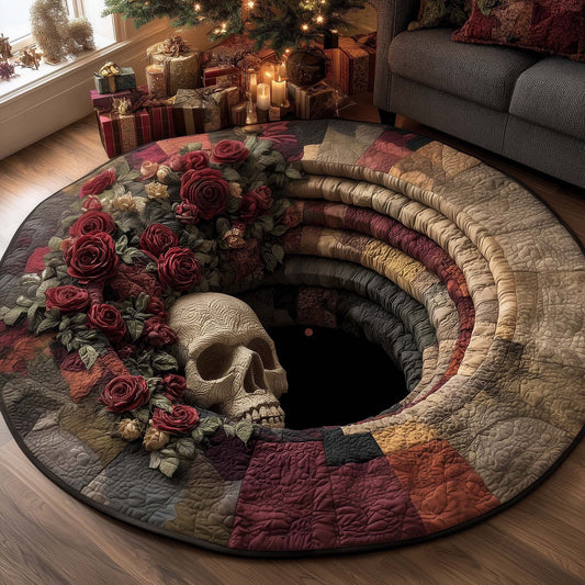 Shadow Skull Quilted Round Mat Rose Gothic Circle Rug Halloween Rug Living Room Decor - Printvoro