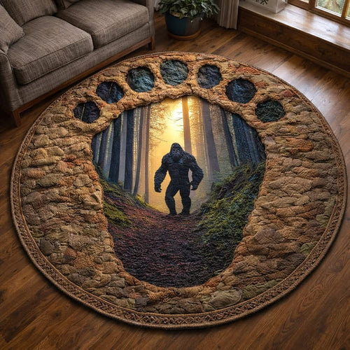 Bigfoot Footprint Forest Giant Quilted Round Mat Unique Circle Rug Sasquatch Gifts Items - Printvoro