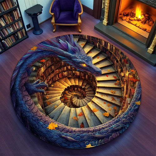 Dragon And Book Round Mat Mythical Dragon Home Decor Unique Magical Dragon Gifts Ideas - Printvoro