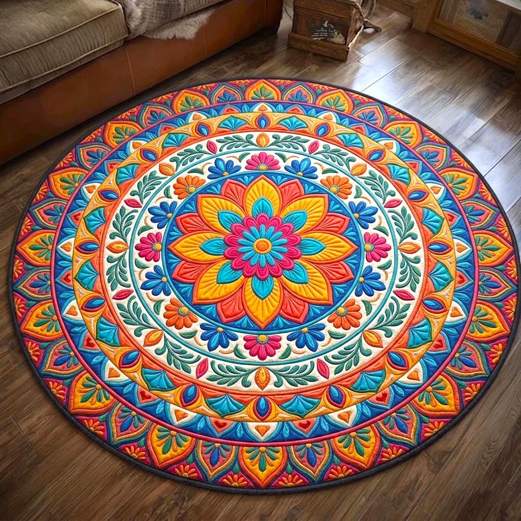 Vivid Rainbow Floral Mandala Quilted Round Mat Bohemian Home Decor Mother_s Day Gift Ideas