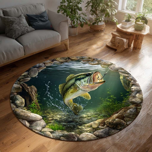 Bass Fishing Rug Sports Abyssal Bass Fishing Quilted Round Mat Gift Home Gift Essentials - Printvoro