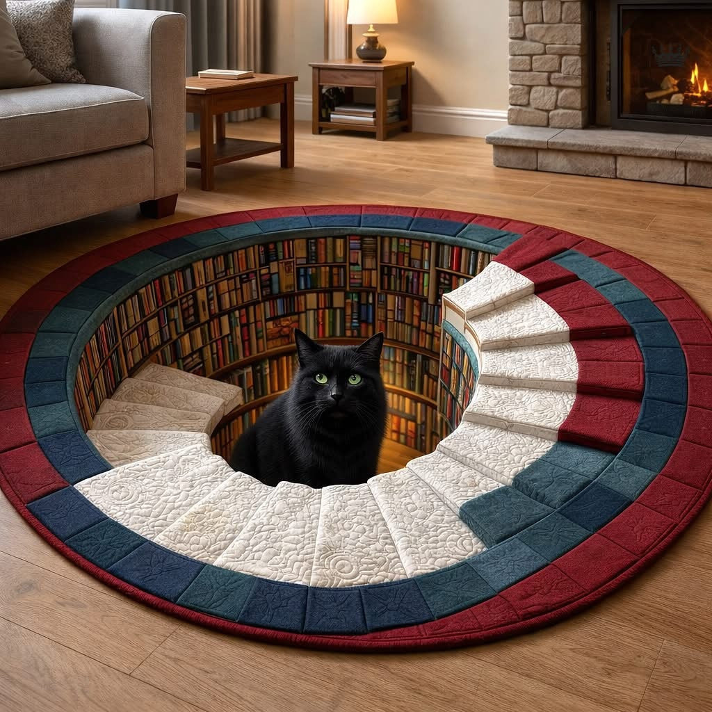 Black Cat Hidden Library Quilted Round Mat Bookish Circle Rugs Cool Mothers Day Gifts - Printvoro