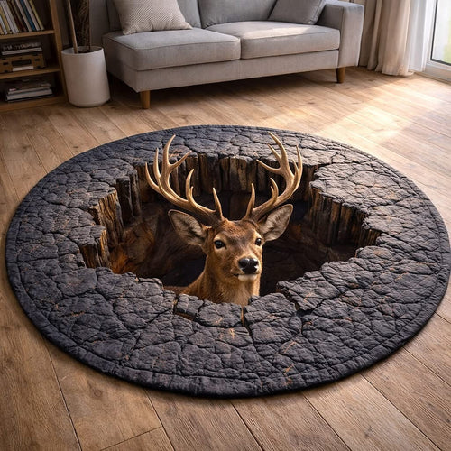 Deer Woodland Grace Quilted Round Mat Rustic Rug With Circles Great Father's Day Gifts - Printvoro