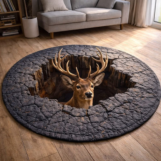 Deer Woodland Grace Quilted Round Mat Rustic Rug With Circles Great Father's Day Gifts - Printvoro