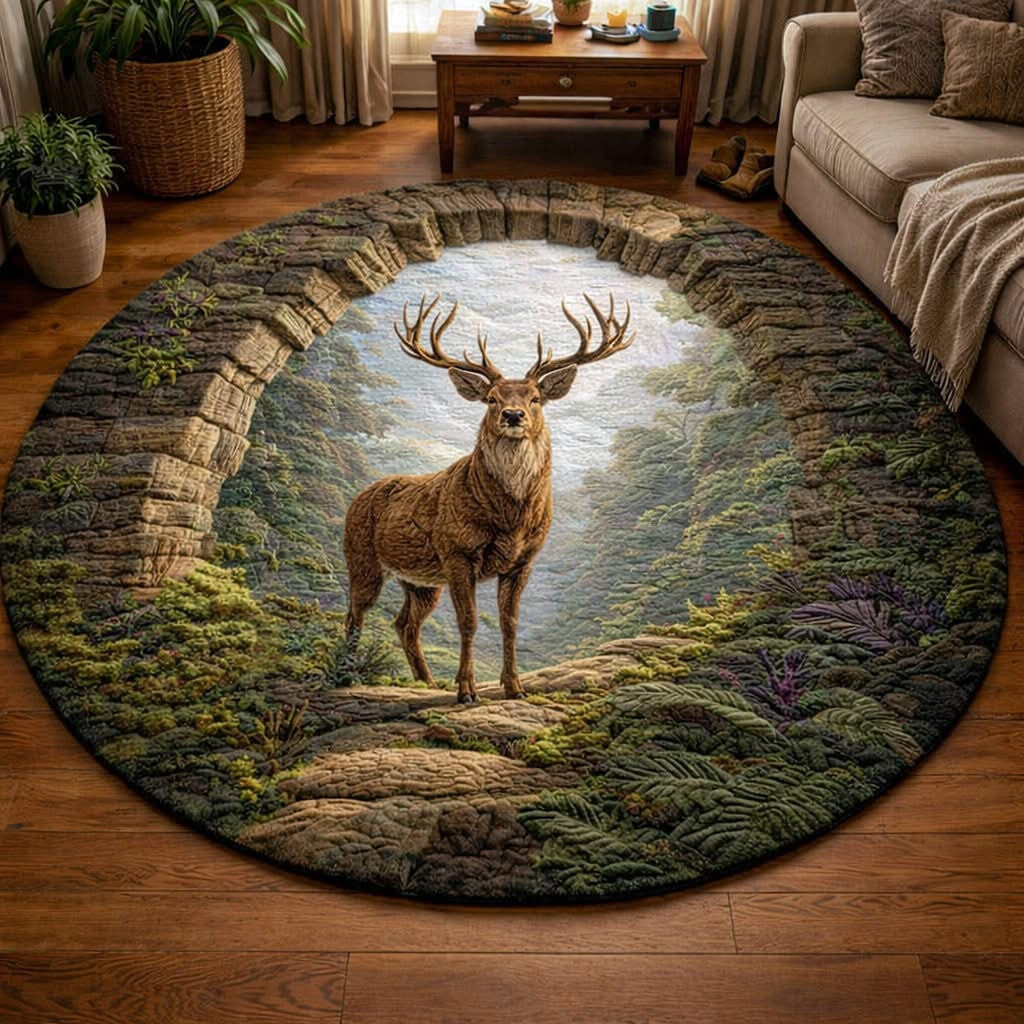 Deer Woodland Grace Quilted Round Mat Circle Rug Living Home Decor Dad Birthday Gifts - Printvoro