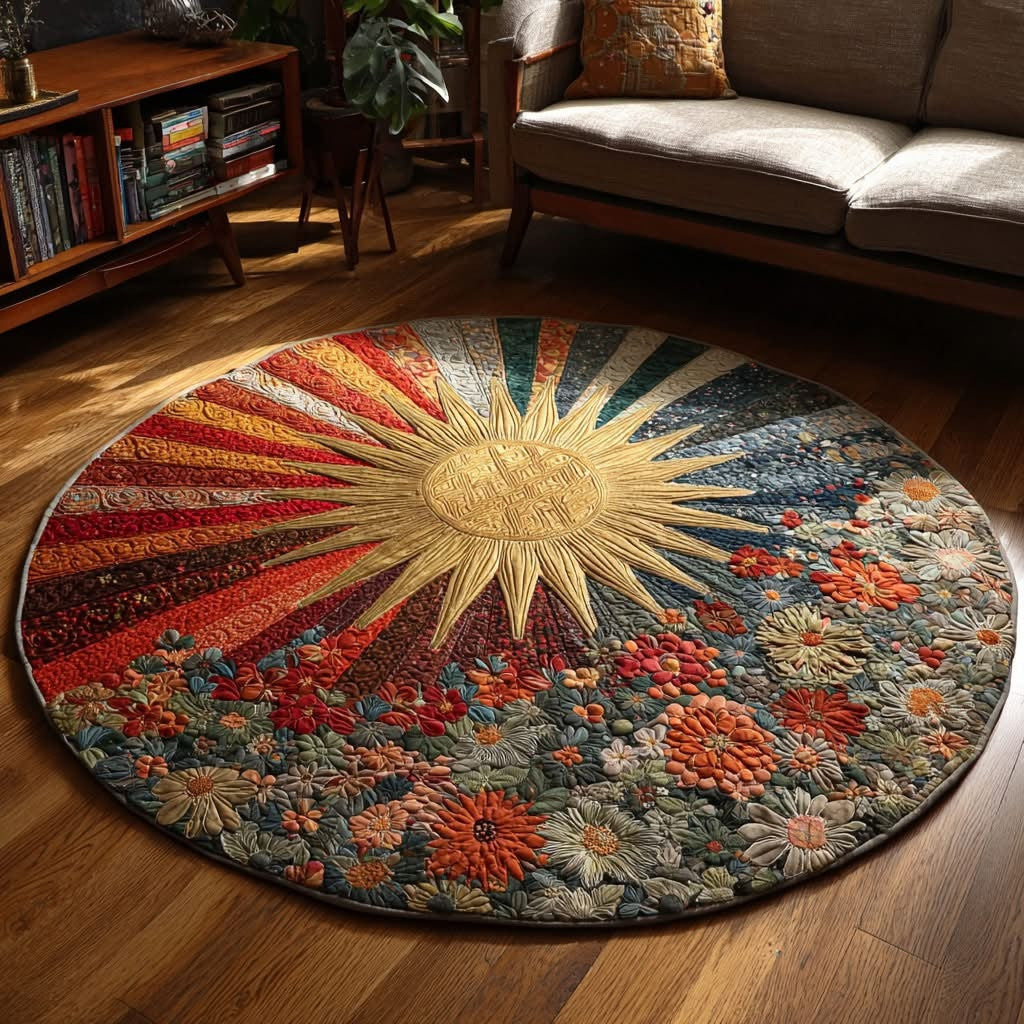 Sunburst Bloom Quilted Round Mat Vibrant Floral Circle Rug Mother's In Law Gifts Mom's Day - Printvoro
