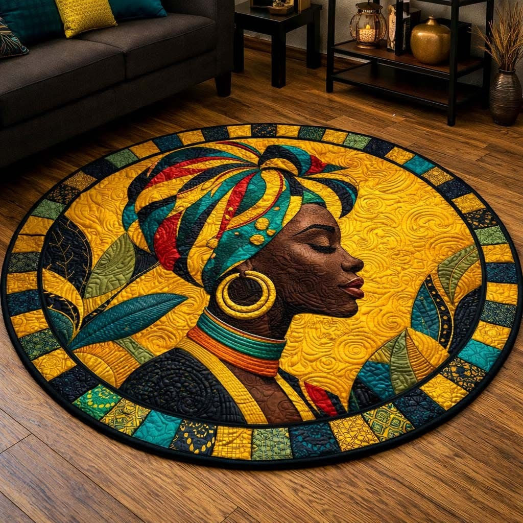 African Women Golden Queen Quilted Round Mat Circle Rug Black History Month Gifts - Printvoro