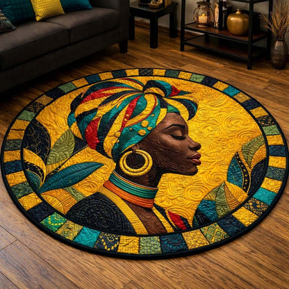 African Women Golden Queen Quilted Round Mat Circle Rug Black History Month Gifts - Printvoro